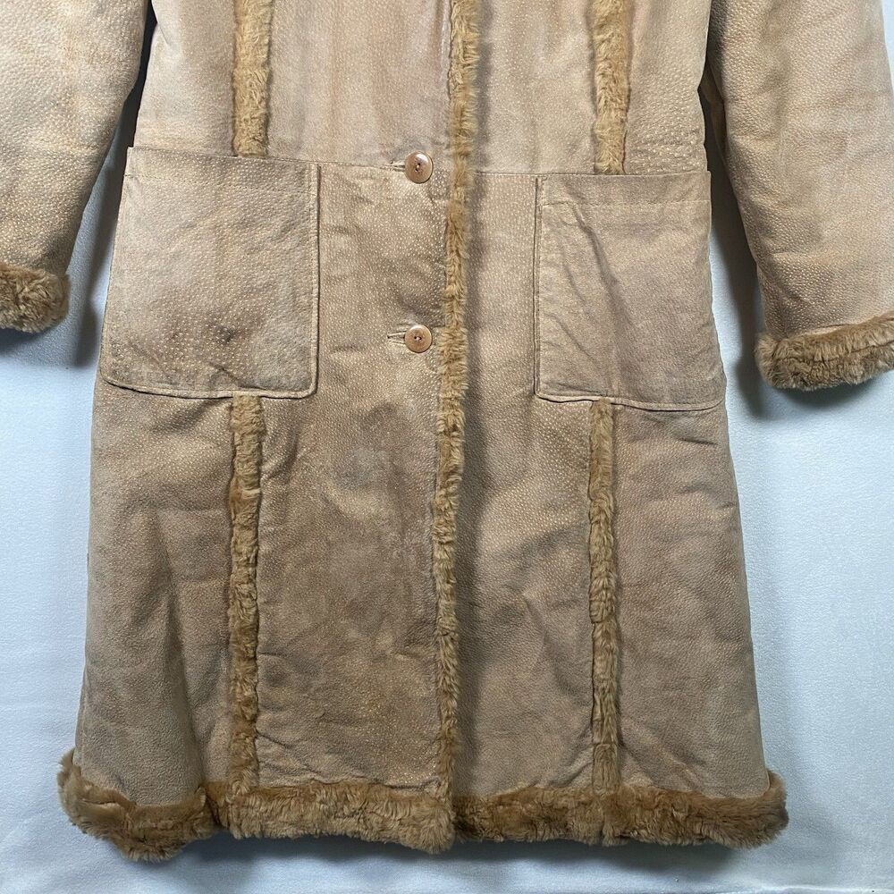 Vintage Nicole Miller Suede Leather Faux Shearling Long Coat Tan Y2K Women’s M - Picture 9 of 14
